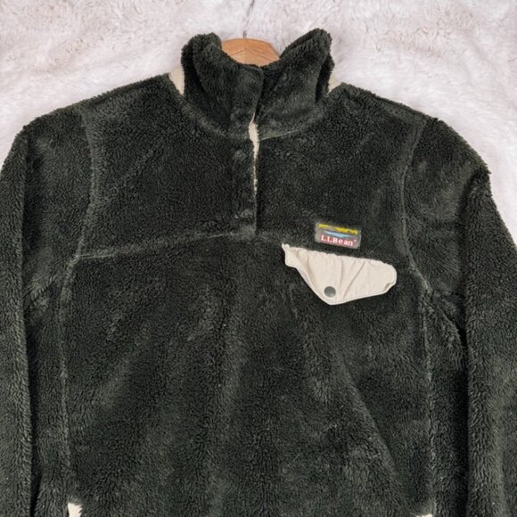 LL Bean High Pile Fleece Fuzzy Pullover Women Small 1/4 Snap T Green 505112 - Picture 3 of 10